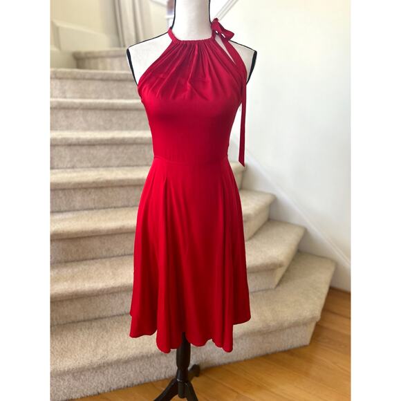 L'Agence Red Silk Halter Tie Neck Fit & Flare Dress - Picture 1 of 9